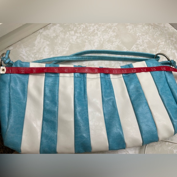 OKPTA Striped Turquoise and White Women's Bag cinches GUC rare and vintage style - Picture 6 of 13